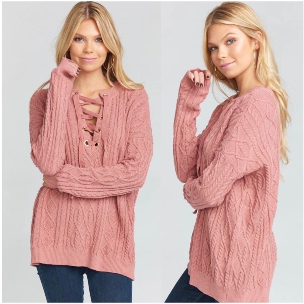 Show Me Your Mumu‎ Lance Lace-Up Cable Knit Sweater Medium Mauve Pink Pullover